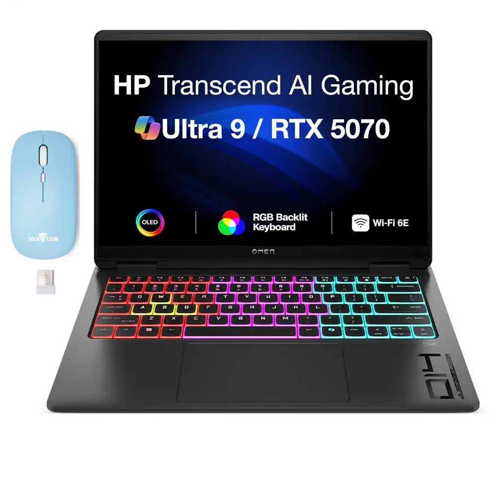 HP OMEN TRANSCEND 14 GAMING LAPTOP 14-fd1018nia. INTEL ULTRA 9 285H. 32GB RAM. 1TB SSD. 8GB NVIDIA GEFORCE RTX 5070 GRAPHICS CARD. 14" 3K UWVA OLED DISPLAY. HP IR CAMERA BACKLIT KEYBOARD WINDOWS 1